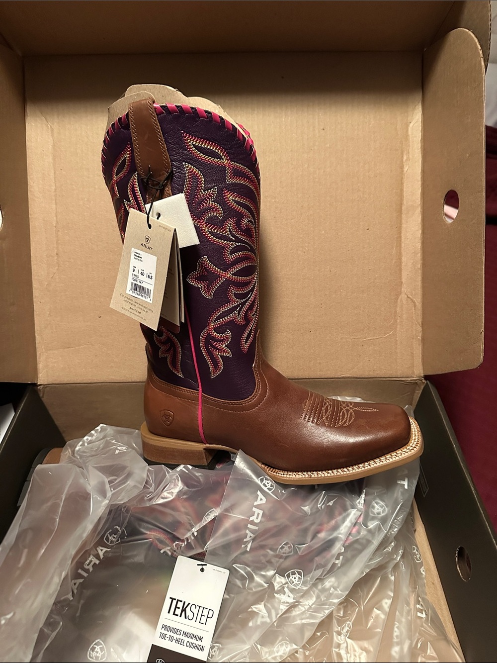 Ariat Brown Leather Western Boot with Purple Embroidered Shaft